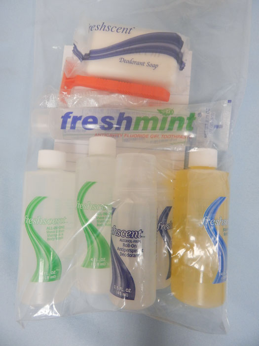 Welfare Kit in clear plastic zip bag, all products inside